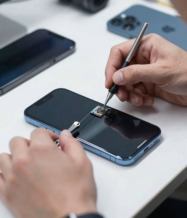 A close-up photograph of a professional technician's hands using precision tools to repair a modern smartphone screen inside a well-lit mobile workshop. The setting is clean and minimalist with Deep Midnight Blue and Slate Blue accents. Northern European / Baltic setting.