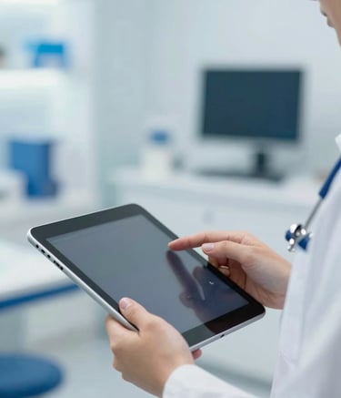 A close-up of a healthcare professional's hands holding a digital tablet in a bright, modern medical office in a Western European / French setting. The background is soft-focused with primary blue and white accents, suggesting a clean and reassuring clinical environment.