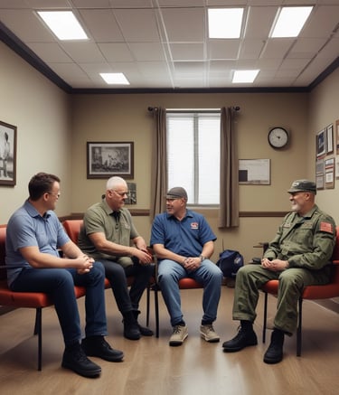 A group of veterans gathered outdoors sharing stories and laughter.