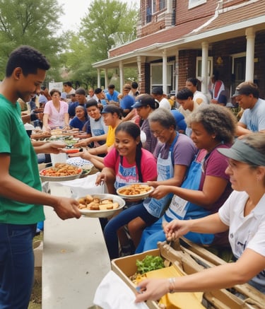 Smiling veterans sharing a meal at a cozy community dining table.