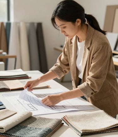 A professional interior designer in a North American studio setting, meticulously reviewing 2D architectural blueprints and high-end textile swatches. The scene is lit with natural daylight, featuring a palette of warm tan and soft white.