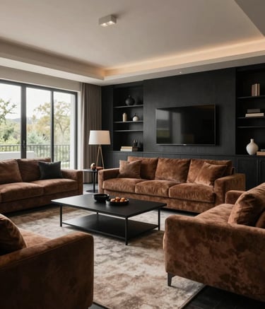 A wide-angle photography shot of a luxury North American living room, showcasing a high-end interior layout with charcoal black accents and earthy cocoa furniture. The composition is balanced and elegant, lit by soft afternoon light.