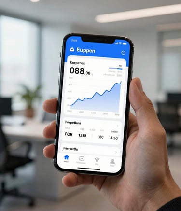 Macro photography of a high-end smartphone screen displaying a minimalist financial dashboard with blue accents, held by a professional in a modern European office, soft natural lighting.