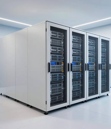Wide shot of a minimalist, high-tech server room in a European data center, clean off-white and light blue lighting, futuristic atmosphere, sharp focus photography.