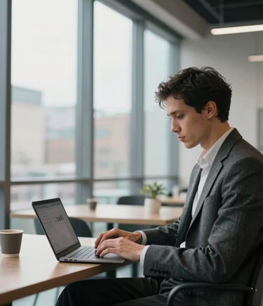 A professional person sitting in a bright, modern European coworking space with large windows, using a sleek laptop, soft morning light, palette of dark gray and light blue, premium startup style.