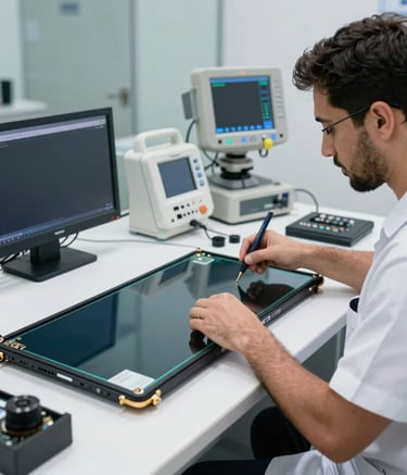 A professional photography shot of a technician in a specialized repair center working on a large OLED screen. The environment is orderly and high-tech, with various diagnostic tools visible. Middle Eastern / Gulf region context, clean and sophisticated mood.