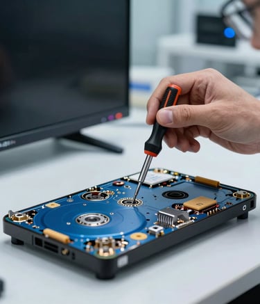 A close-up photograph of a professional technician's hand using a precision screwdriver on the internal hardware of a high-end OLED television. The setting is a clean, modern electronics lab in a Middle Eastern / Gulf context. Lighting is focused and clinical, highlighting the metallic components. Colors include steel blue and ice blue.