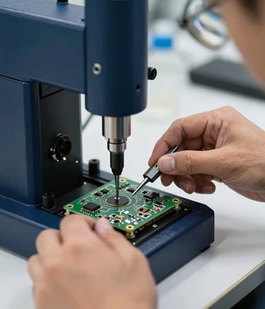A close-up photograph of a technician's hands performing precision assembly on high-tech electronic equipment. The setting is a clean, modern Brazilian industrial workshop with a focus on professional tools. Lighting is bright and even, emphasizing efficiency and quality. Colors include navy blue and metallic silver.