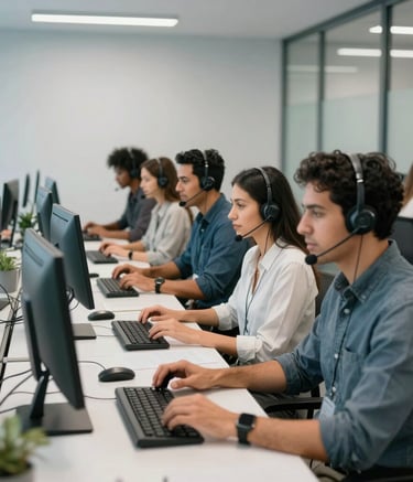 Professional photography of a diverse South American team working in a bright, modern open-plan office. Employees are using computers and headsets, conveying a sense of teamwork and efficiency. The room is decorated in soft grey-blue and white colors with clean lines.
