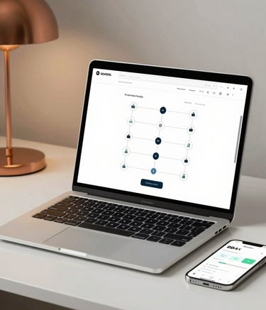 A high-end, minimalist workspace featuring a silver laptop and a smartphone. The screen displays a simple, clean AI automation workflow interface with node connections. Soft lighting with golden copper #8D6C4F accents in the decor, embodying a sophisticated tech-meets-accessibility vibe.
