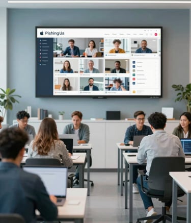 A vibrant, modern co-working space where people of diverse backgrounds are collaborating. A large screen in the background shows a live feed of a thriving online community dashboard. The lighting is bright and airy in an Apple-style aesthetic, incorporating clean lines and subtle #5C7C8B slate blue tones in the furniture.