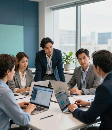 A group of professional marketing strategists in a modern Latin American office environment, having a collaborative meeting. The scene is bright and professional with accents of steel blue and soft teal in the decor, focusing on digital innovation and growth.
