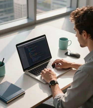A detailed high-angle shot of a sleek, high-tech workspace in a modern Latin American city. A professional is focusing on a laptop showing code for a chatbot, with steel blue and soft teal desk accessories, warm sunlight entering through large windows, minimalist professional atmosphere.