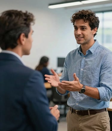 A supportive professional meeting in a modern Brazilian coworking space, two professionals talking with encouraging and confident expressions, soft lighting, palette colors include medium blue and light blue.