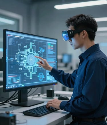 A photography-style shot of an engineer in a minimalist North American facility interacting with an augmented reality interface showing machine blueprints. Lighting includes deep blue and sky blue highlights against a tech-driven backdrop.