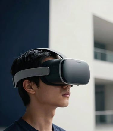 A side-profile photography shot of a person wearing a VR headset, looking towards a bright future. The background is a sleek, modern architectural space with deep navy and off-white colors, representing innovation in North America.