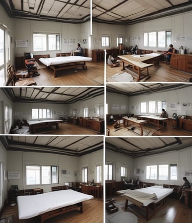 Craftsmen in workshop carefully producing custom furniture pieces with wood accents.