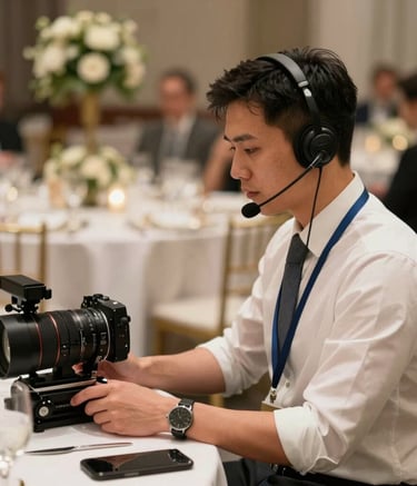 A sophisticated event coordinator with a headset overlooking a grand North American gala setup, emphasizing professional organization and detail.