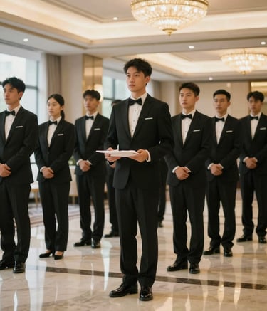A group of professional servers in formal black-tie attire standing in a disciplined row inside a luxury North American hotel ballroom, soft lighting reflecting off polished floors.