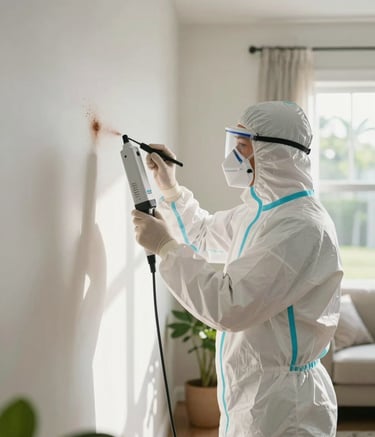 A professional mold remediation specialist wearing a white protective suit and mask, using a high-tech sensor to inspect a wall in a sunlit North American / Floridian living room, clean and bright composition with fresh green accents.