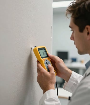 A close-up of a professional mold inspector's hands using a digital moisture meter on a clean, light gray drywall surface in a modern North American / Floridian office space, professional and trustworthy atmosphere.