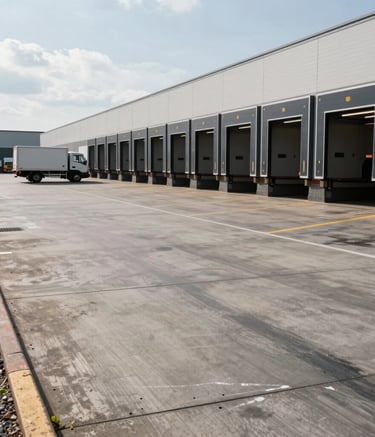 A wide-angle shot of a busy commercial loading bay in the UK with a clean, recently repaired ground surface. A delivery vehicle is visible in the background. The lighting is bright and the scene looks professional and well-maintained.