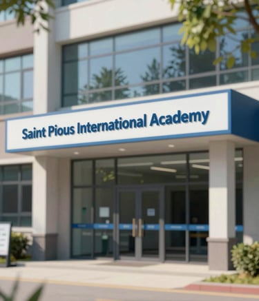 The front entrance of Saint Pious International Academy, a professional and premium architectural shot with clean signage, sunlight reflecting off glass windows, surrounded by green trees, using #2B557C and #E7EFF4 tones.