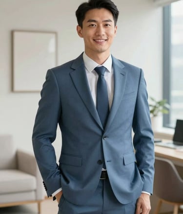 A professional property manager in a Slate Blue suit standing in a modern, well-lit apartment in the RTP area. The background is a soft off-white. The lighting is bright and natural, reflecting a reliable and sophisticated service.