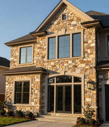 A luxury residential home in the North Carolina metro area with Warm Sand stone accents and large windows. The style is professional architectural photography with Slate Blue sky reflections.
