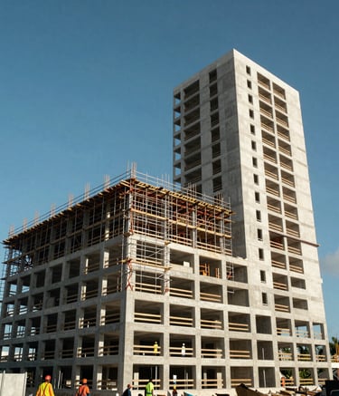 A wide-angle professional photograph of a modern Caribbean commercial building under construction with a clear blue sky, featuring workers in safety gear and clean scaffolding in a Jamaican tropical setting.