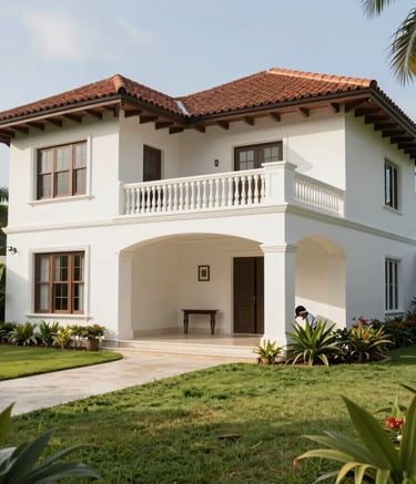 A beautiful exterior shot of a luxury Jamaican villa with freshly painted walls and manicured property grounds, showcasing high-quality renovation work and professional maintenance.