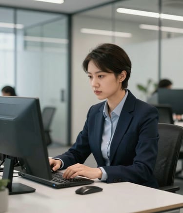 A focused support specialist working in a high-tech, modern North American / US corporate office. The setting includes clean lines, glass partitions, and soft lighting. The palette features Deep Navy and Slate Blue tones in the professional attire and office decor, conveying efficiency and modern sophistication.