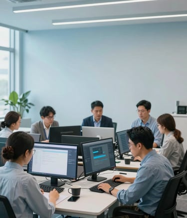 A wide shot of a collaborative workspace in a North American / US metropolitan center. Professionals are engaged in streamlined digital workflows. The environment is clean and organized, with a color scheme of Soft Ice Blue and Steel Blue accents, reflecting a sophisticated and reliable brand image.