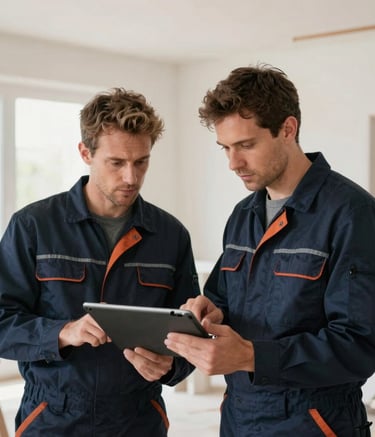 Two focused male artisans in professional navy workwear reviewing technical plans on a tablet inside a bright, modern house under renovation in Northeastern France, clean and professional atmosphere.