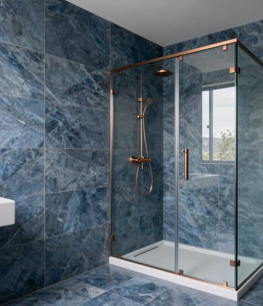 A high-end modern bathroom renovation in Northeastern France featuring sleek slate blue tiles and a minimalist glass shower, professional lighting highlighting the clean lines and copper-toned faucets, wide angle photography.
