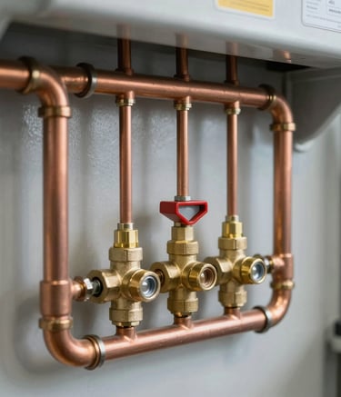 Detailed close-up of professional plumbing work in a mechanical room in Grand Est, showing perfectly aligned copper pipes and brass valves against a clean light gray wall, sharp focus, industrial professional style.