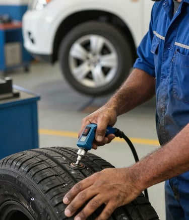 A close-up of a professional mechanic's hands in a clean workshop, using a digital tool to check tire pressure. The setting is a South American / Brazilian automotive center, with a modern and reliable atmosphere and a steel blue and off-white color palette.