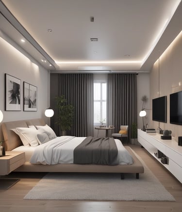 A bedroom corner showing custom shelving and soft textiles.