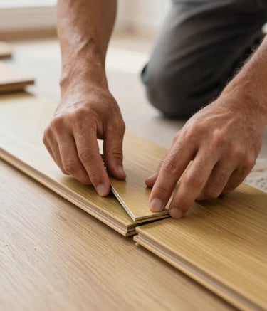 Close-up photography of a professional installer's hands precisely fitting a muted gold laminate plank into place. The setting is a bright South American / Brazilian apartment during the day. The focus is on the clean edges and the high-quality craftsmanship of the installation.
