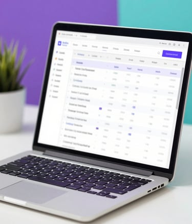 A professional setting with a modern laptop displaying a spreadsheet of leads and recruitment metrics. The lighting is bright and clean. Soft purple and teal accents appear in the background decor, reflecting a trustworthy brand vibe.