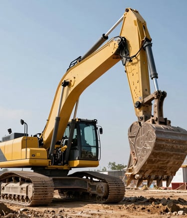 A massive modern excavator working on a North American construction site, low angle shot to emphasize scale and power, bright clear sky, high-quality professional photography showing industrial efficiency.