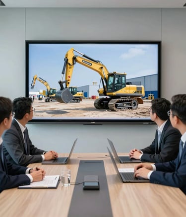 A professional business meeting in a North American corporate office, where experts are reviewing heavy equipment logistics on a large screen, featuring clean lines and a palette of dark navy and light steel blue.