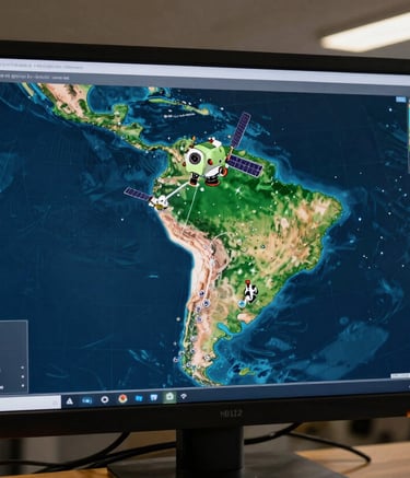 Computer monitor displaying a satellite tracking map of South America for global data monitoring.