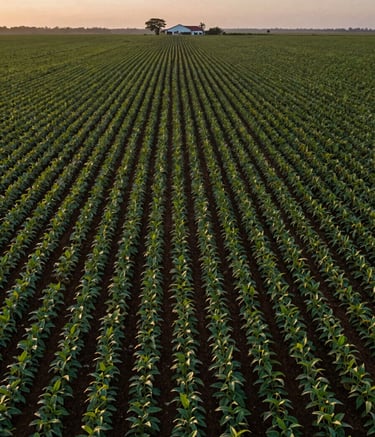 A high-angle professional photograph of a vast South American soybean plantation at dawn, showing precise rows of crops and a distant farmhouse, with soft morning light and a palette of deep greens and muted earthy tones.