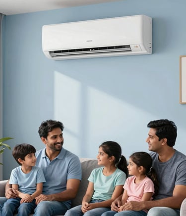 A South Asian / Indian family relaxing comfortably in a cool, modern living room while a modern split AC unit runs silently on the wall. Clean, bright daylight lighting, featuring steel blue and soft ice blue accents, conveying trust, efficiency, and ultimate customer comfort.