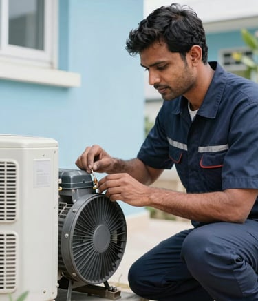 A professional South Asian / Indian AC technician in a dark navy blue uniform carefully inspecting an outdoor AC compressor unit. Bright daylight, modern residential setting, soft ice blue tones, emphasizing a reliable, efficient, and clean repair service.