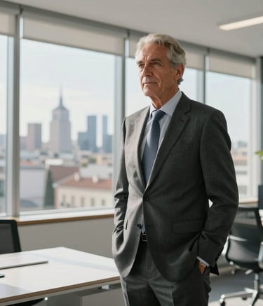A senior financial consultant in a tailored suit, standing in a bright, modern office in Madrid with views of the skyline, confident posture, soft sunlight, Iberian Peninsula.