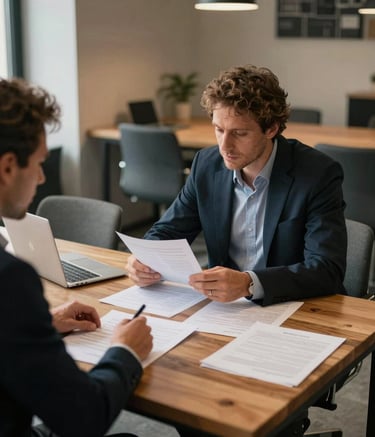 A collaborative meeting between two business partners in a sleek coworking space in Barcelona, reviewing documents on a wooden table, warm natural light, Iberian Peninsula.