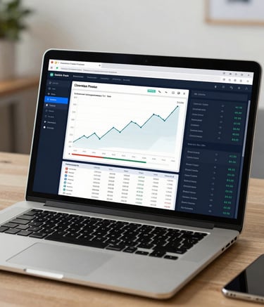 A high-definition view of a laptop screen showing a sophisticated financial dashboard with growth metrics, set in a professional and clean office in Seville, Iberian Peninsula.