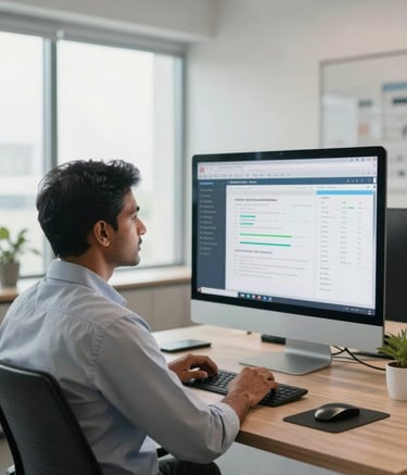 A professional South Asian man in business attire sitting in a brightly lit, modern Coimbatore office, reviewing a lead generation dashboard on a large monitor. The room has a clean, sophisticated atmosphere with soft daylight coming through windows.
